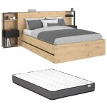 Lit coffre 140 x 190 cm avec chevets - coloris : naturel et noir + matelas - ludaro