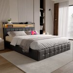 Lit coffre 140 x 190 cm avec sommier, lit 2 personnes avec rangement, led et ports usb, lit 140x190 avec ...