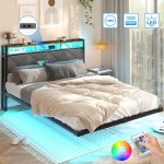 Lit coffre 140 x 190 avec sommier, effet flottant, cadre de lit 140 x 190cm avec �clairage led et 2 prises ...