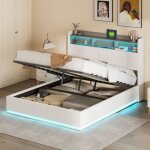 Lit coffre 140 x 200 cm, lit 140x200 avec sommier, lit double, cadre de lit, avec led et port usb, blanc, ...
