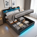 Lit coffre 140 x 200 cm, lit 2 places avec led et usb, lit hydraulique avec rangement, lit 140x200 avec ...