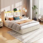 Lit coffre 140 x 200 cm, avec cadre � lattes en bois, t�te de lit avec port usb / type - c, rangement ...