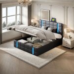 Lit coffre 140 x 200 cm, lit double avec sommier � lattes, rangements, t�te de lit �clair�e par led, ...