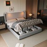 Lit coffre 140 x 200 cm avec sommier, lit 2 personnes avec rangement et lampe de lecture, lit 140x200 ...