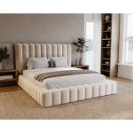 Lit coffre 140 x 200 avec rangement elise - lit adulte, tte de lit haute - lit beige (ikoo 1)