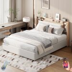 Lit coffre 140x190 cm, 2 places, avec led, tte de lit de rangement, 3 tagres, sommier  lattes en ...