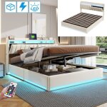 Lit coffre 140x190 cm, 2 places, avec led, t�te de lit de rangement, �tag�res, sommier � lattes en bois, ...