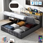 Lit coffre 140x190 cm, 2 places, avec t�tes de lit led, usb, �tag�res, hydraulique de rangement, sommier ...