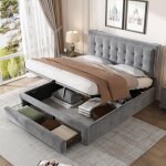 Lit coffre 140x190 cm, lit adulte 140x190 cm avec 2 tiroirs, sommier  lattes et tte de lit capitonn, ...