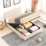 Lit coffre 140x190 cm, lit adulte, lit capitonn� avec t�te de lit de d�coration couture bouton et sommier ...