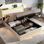 Lit coffre 140x190 cm, lit adulte, lit double, avec clairage led rglable, chargement usb, pu, sommier ...