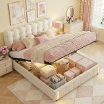 Eifson ? lit coffre 140x190 cm avec rangement v�rin � gaz ? tissu velours beige ? bande led ? base � ...