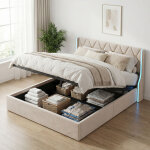 Lit coffre 140x190 cm, lit capitonn�, lit adulte, sommier � lattes, t�te de lit led rgb, design � oreilles, ...