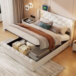 Lit coffre 140x190 cm, lit capitonn� hydraulique, avec rangement pneumatique, lampe de chevet et port ...