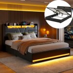 Lit coffre 140x190 cm - lit double en similicuir, avec rangement, sommier � lattes, �clairage led, port ...