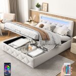 Lit coffre 140x190 cm avec �clairage led, hydraulique de rangement, sommier � lattes en bois, cadre en ...