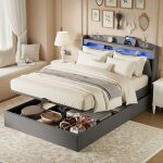 Eifson ? lit coffre 140x190 cm avec rangement � v�rin � gaz ? tissu lin gris ? �clairage led rgb ? sommier ...