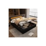 Lit coffre 140x190 cm avec t�te de lit �clair�e par led, sommier � lattes, sans matelas, sans fond, similicuir ...