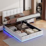 Lit coffre 140x190 cm, t�te de lit led � rayures verticales, sommier � lattes, rangement, cadre de lit, ...
