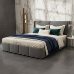 Lit coffre 140x190 cm en velours gris - cadre de lit double avec tte de lit capitonne design et sommier ...