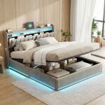 Lit coffre 140x190 cm en velours gris avec lumi�res led - prises usb et sommier � lattes - confort & ...