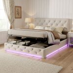 Lit coffre 140x190, lit double capitonn�, sommier � lattes, avec �clairage led, espace de rangement, ...