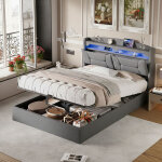 Lit coffre 140x190 avec �clairage led et port usb, lit capitonn� avec �tag�res ouvertes et rangement ...