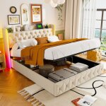 Lit coffre 140x190cm, lit capitonn� avec sommier � lattes, lit double avec t�te de lit d�cor�e de losanges, ...