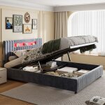 Lit coffre 140x190cm, t�te de lit capitonn�e avec bande lumineuse color�e int�gr�e, rangement, sommier ...