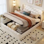 Lit coffre 140x190cm - velours, t�te de lit avec 2 liseuses et recharge usb, lit double avec rangement, ...