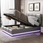 Lit coffre 140x200, lit adulte 140x200 avec sommier  lattes, tte de lit rglable, bande lumineuse led ...