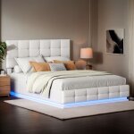 Lit coffre 140x200 cm, lit 2 personnes moderne avec rangement, clairage led, cadre de lit avec sommier ...