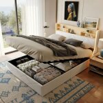 Lit coffre 140x200 cm, 2 places, en cuir pu et bois clair, lit capitonn� avec t�te de lit de rangement, ...