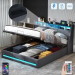 Lit coffre 140x200 cm, 2 places, avec led, hydraulique de rangement, usb - a / c charge, sommier � lattes ...