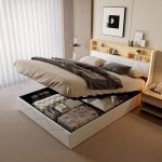 Lit coffre 140x200 cm, 2 places, t�te de lit diamant avec bande lumineuse led int�gr�e et port usb, sommier ...