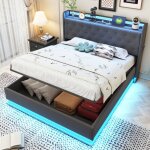Lit coffre 140x200 cm, lit adulte avec clairage led, prise usb et sommier  lattes, tissu en lin gris, ...