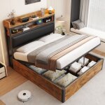 Lit coffre 140x200 cm, lit adulte avec m�canisme de levage hydraulique, usb et design r�tro en bois et ...