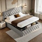 Lit coffre 140x200 cm - cadre de lit, lit double avec t�te de lit diamant et rangement hydraulique, sommier ...