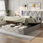 Lit coffre 140x200 cm, lit capitonn� avec t�te de lit diamant et bande lumineuse led, sommier � lattes ...
