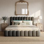 Lit coffre 140x200 cm design en tissu gris - tte de lit cannele avec led et ports usb - sommier relevable ...