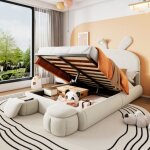 Lit coffre 140x200 cm, lit double d'enfant, lit moelleux avec t�te de lit � oreilles de lapin, �clairage ...