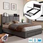 Lit coffre 140x200 cm, lit double avec rangement cach� en t�te, 2 tiroirs en pied, lumi�re led et ports ...
