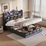 Lit coffre 140x200 cm, avec �clairage led, fonction de charge usb, pu, ??5 compartiments de rangement ...