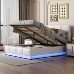 Lit coffre 140x190 cm avec éclairage led, sommier à lattes en bois massif, cuir pu, tête de lit relevable, ... Lit coffre 140x190 cm avec éclairage led, sommier à lattes en bois massif, cuir pu, tête de lit relevable, ...