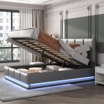 Lit coffre 140x190 cm avec éclairage led, sommier à lattes en bois massif, cuir pu, tête de lit relevable, ... Lit coffre 140x190 cm avec éclairage led, sommier à lattes en bois massif, cuir pu, tête de lit relevable, ...