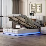 Lit coffre 140x190 cm avec éclairage led, sommier à lattes, tête de lit relevable, cuir pu, lit adulte ... Lit coffre 140x190 cm avec éclairage led, sommier à lattes, tête de lit relevable, cuir pu, lit adulte ...