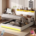 Lit coffre 140x190 cm, avec led, app, hydraulique de rangement, tlcommande, sommier  lattes, cadre ...