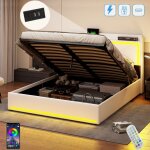 Lit coffre 140x190 cm, avec led, tte de lit en protge - ailes et usb charge, hydraulique de rangement, ...