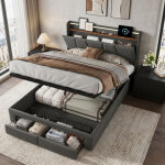 Lit coffre 140x200 cm avec led et usb, lit capitonn� avec 2 tiroirs, , t�te de lits avec rangement cach� ...