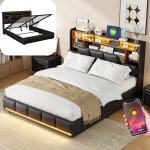 Lit coffre 140x200 cm noir - lit capitonn� en simili cuir avec �clairage led, espace de rangement hydraulique, ...